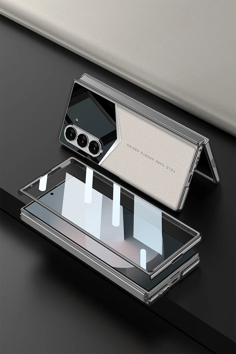 Luxury Leather Case for Samsung Z Fold 6 with Tempered Glass
