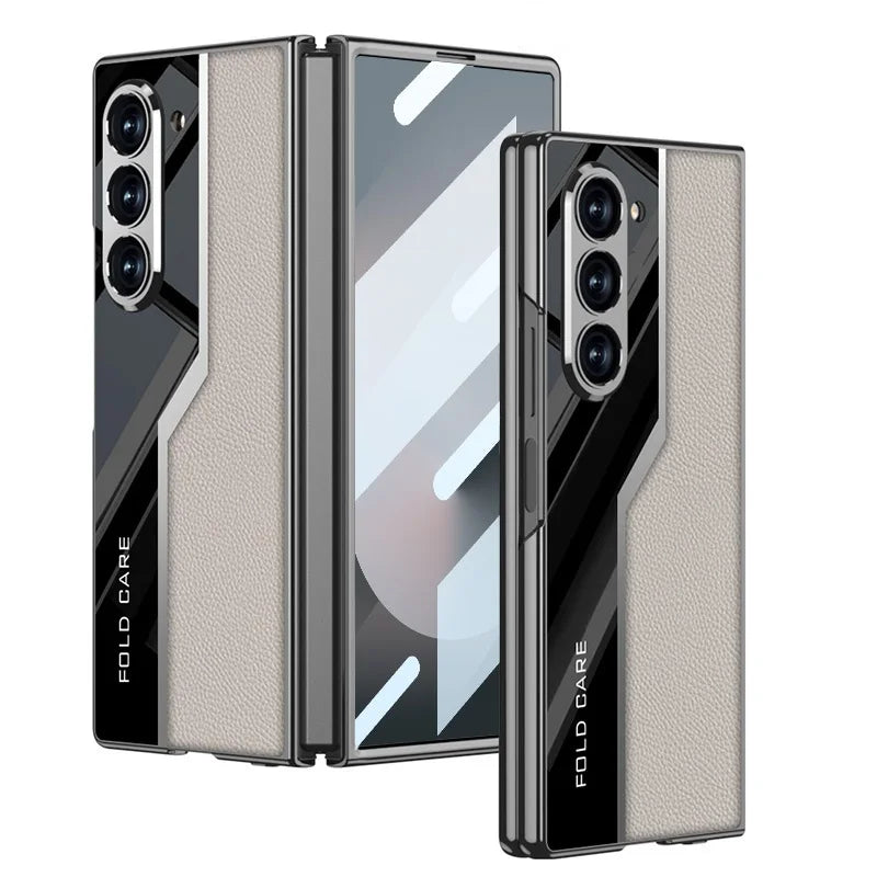 Luxury Leather Case for Samsung Z Fold 6 with Tempered Glass