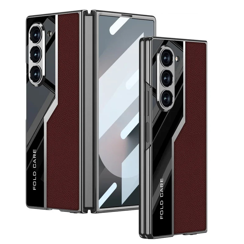 Luxury Leather Case for Samsung Z Fold 6 with Tempered Glass