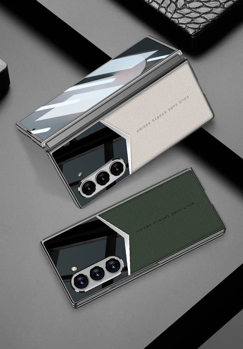 Luxury Leather Case for Samsung Z Fold 6 with Tempered Glass