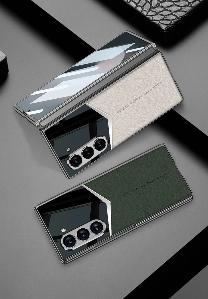 Luxury Leather Case for Samsung Z Fold 6 with Tempered Glass