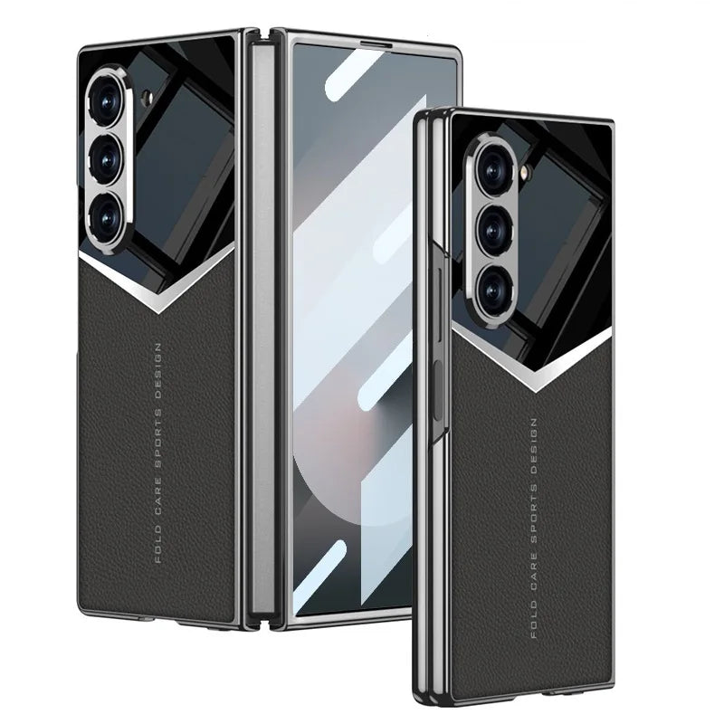 Luxury Leather Case for Samsung Z Fold 6 with Tempered Glass