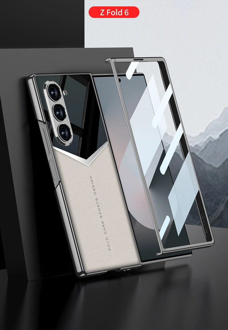 Luxury Leather Case for Samsung Z Fold 6 with Tempered Glass
