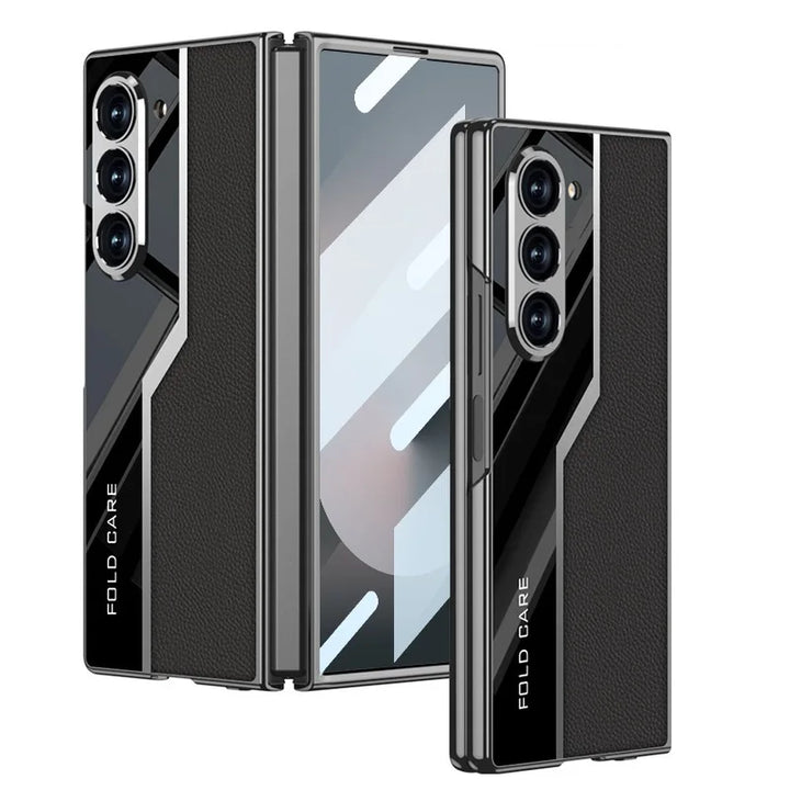 Luxury Leather Case for Samsung Z Fold 6 with Tempered Glass