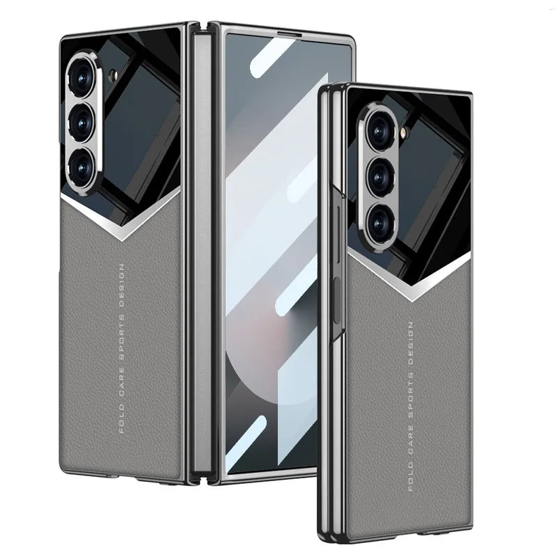 Luxury Leather Case for Samsung Z Fold 6 with Tempered Glass