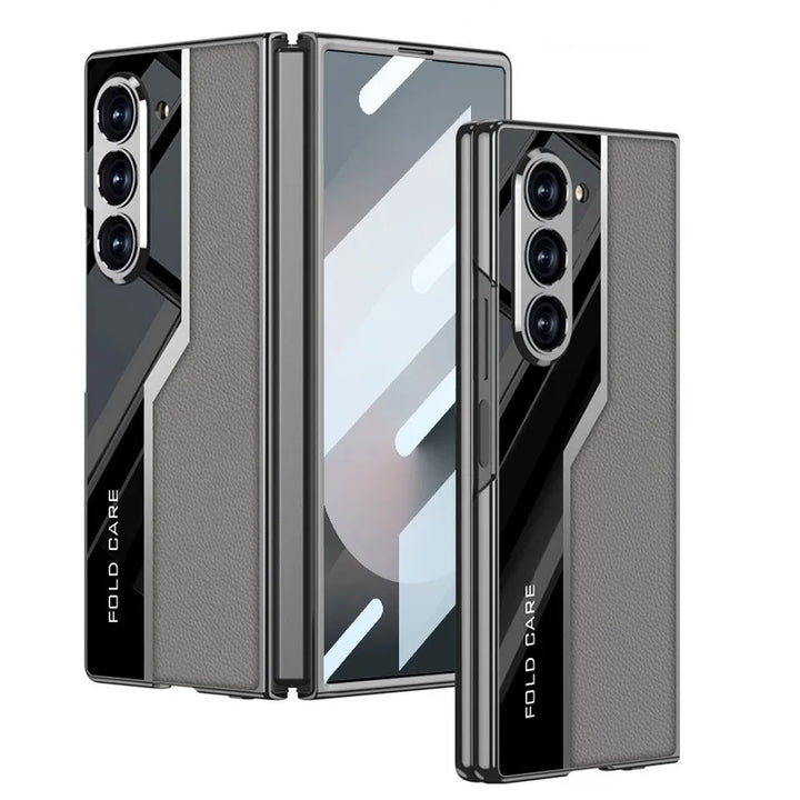 Luxury Leather Case for Samsung Z Fold 6 with Tempered Glass