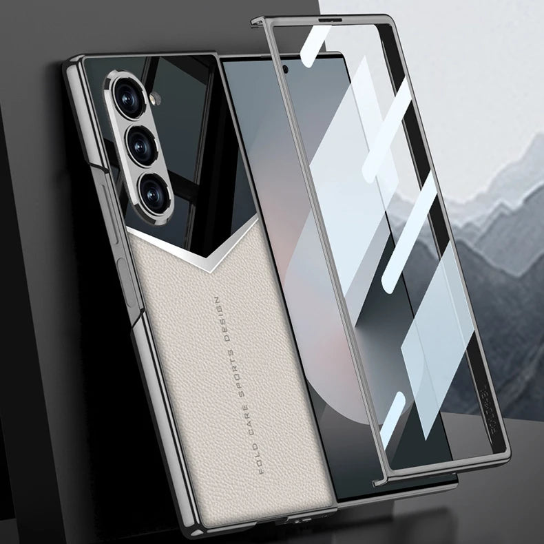 Luxury Leather Case for Samsung Z Fold 6 with Tempered Glass